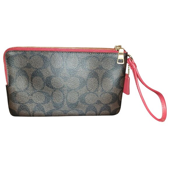 Coach Double Zip Brown & Red Signature Wristlet *SEE FLAWED last picture - Picture 5 of 8